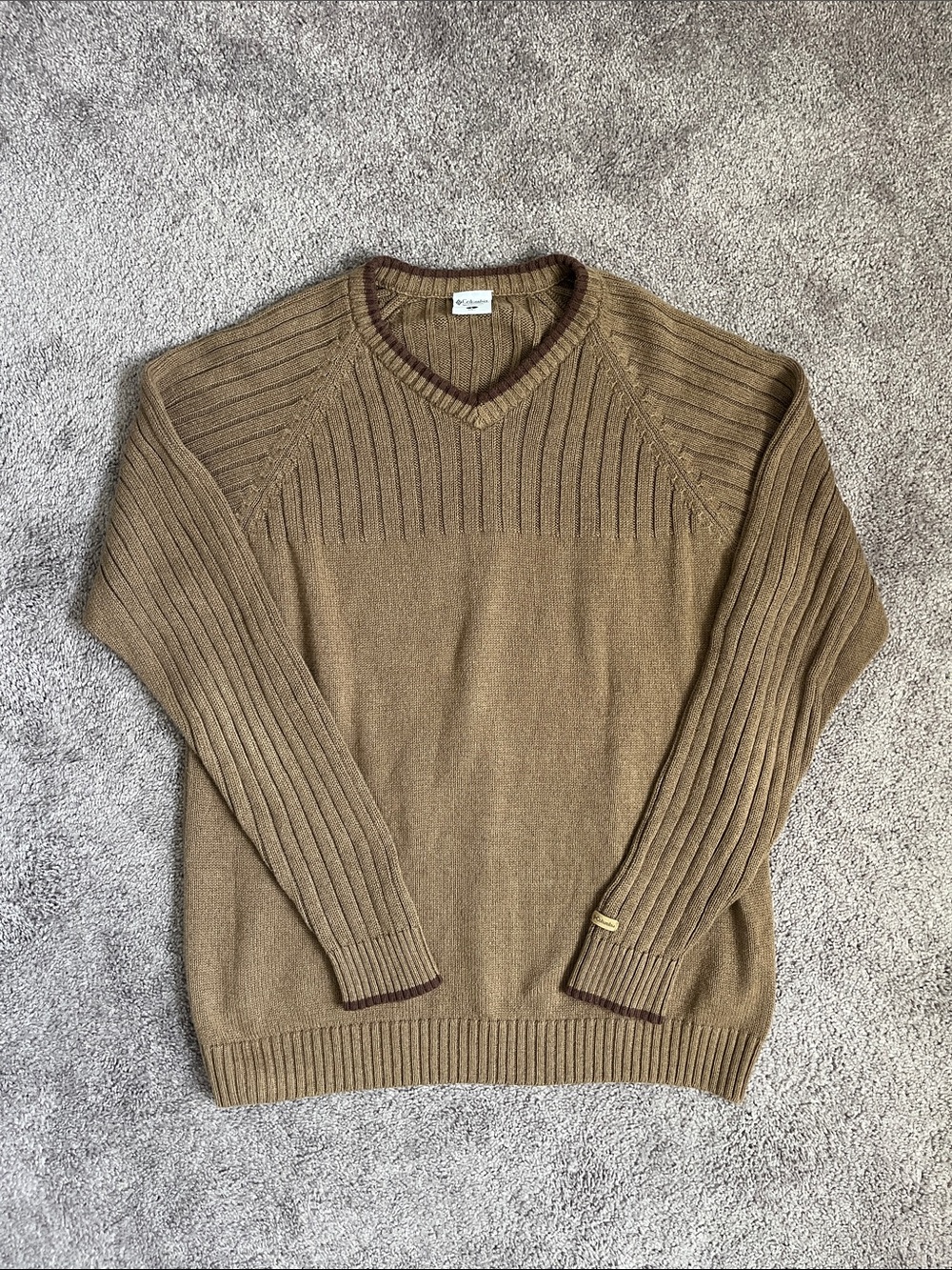Columbia Men's V-Neck Sweater in Camel with Brown Trim